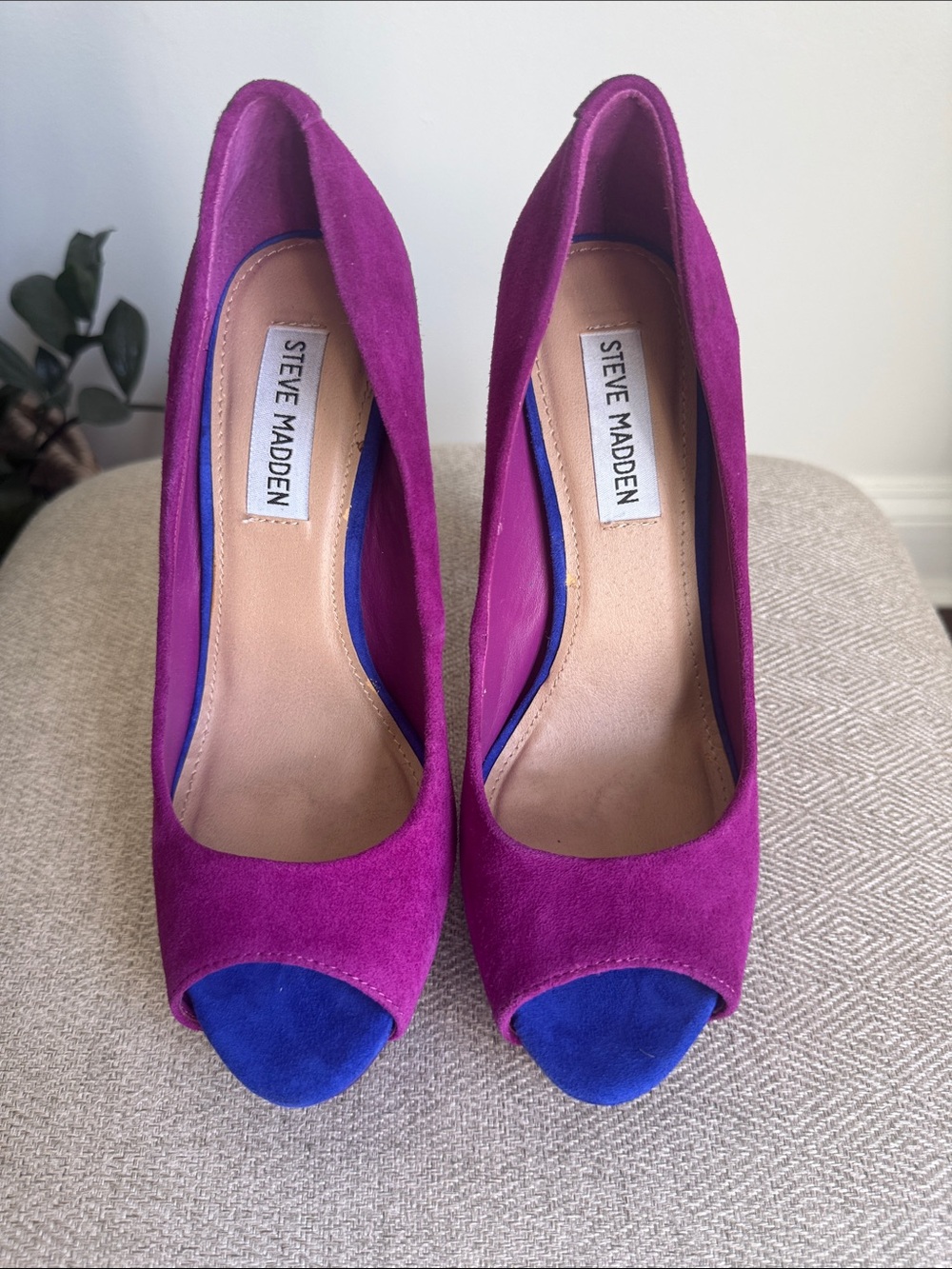 Steve Madden Magenta Suede Peep-Toe Heels with Blue Toe